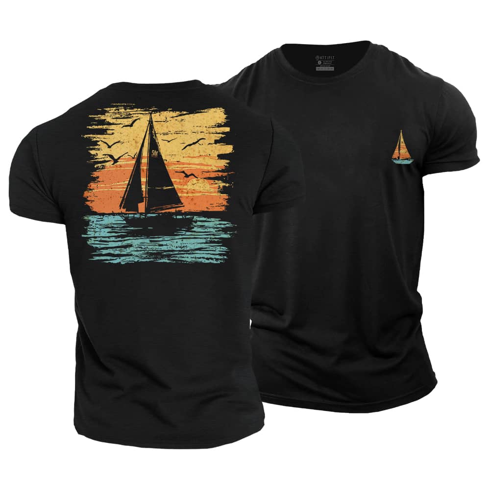 Sailing Boat Sunset Cotton T-Shirt