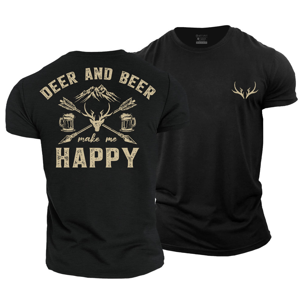 Deer and Beer Make Me Happy Cotton T-Shirt