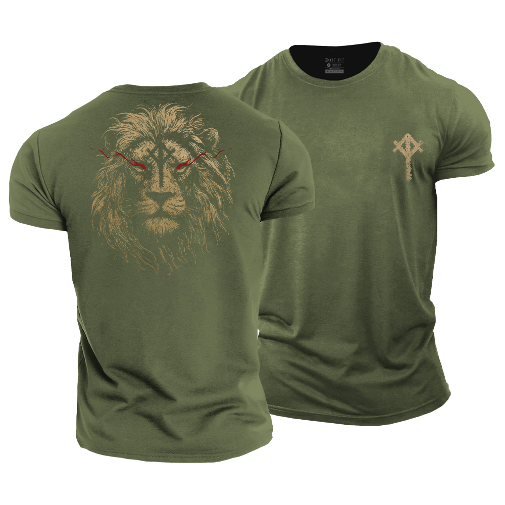 Lion Tiwaz and Algiz Rune Cotton T-Shirt