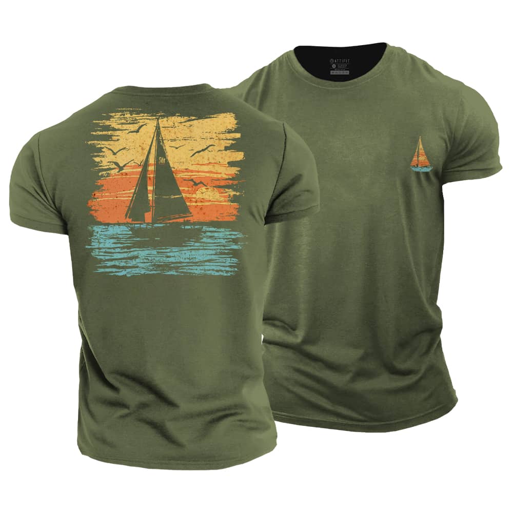 Sailing Boat Sunset Cotton T-Shirt