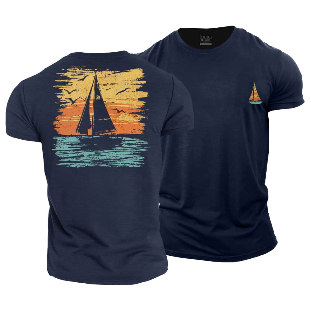 Sailing Boat Sunset Cotton T-Shirt