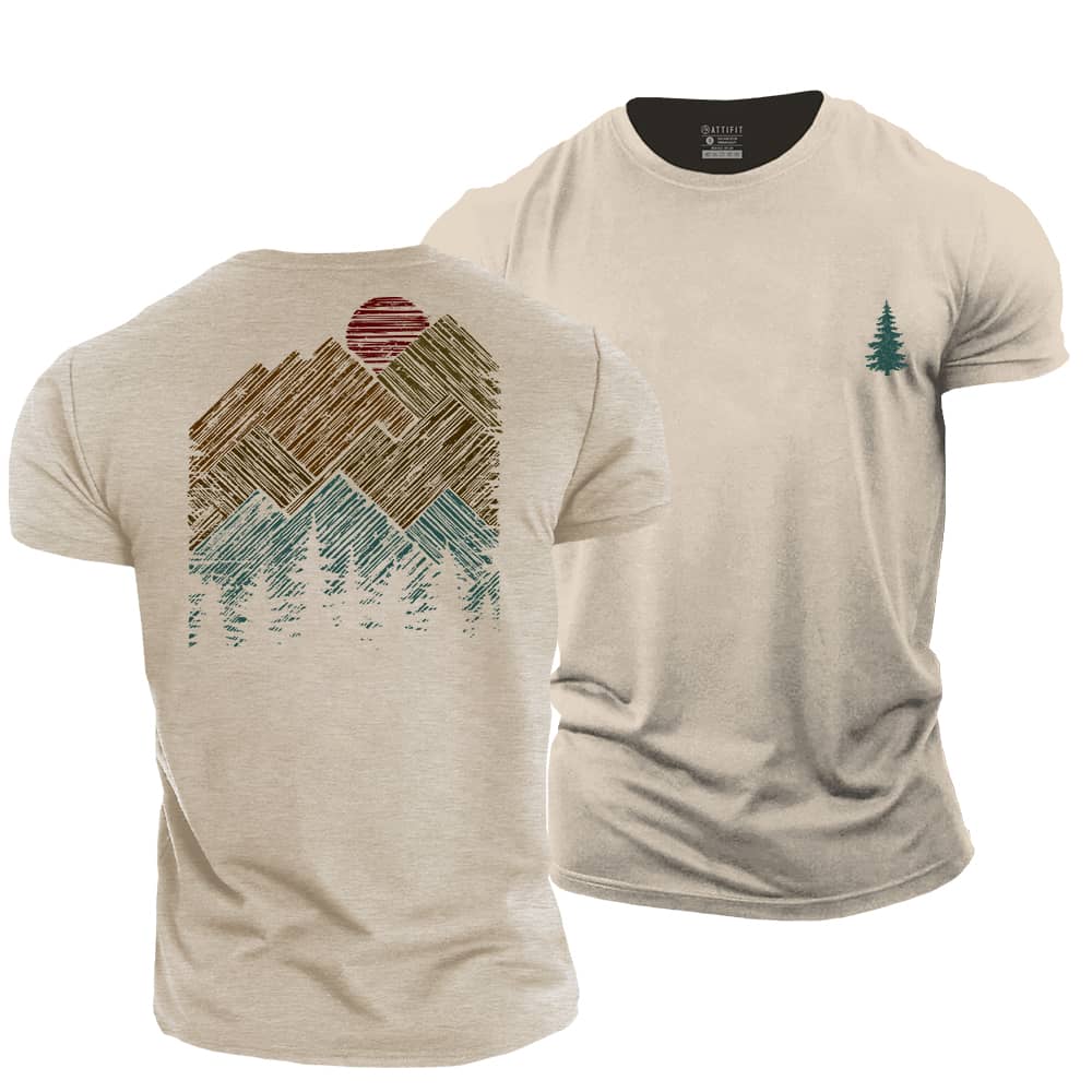 Hand Drawn Mountain Sun Cotton T-Shirt