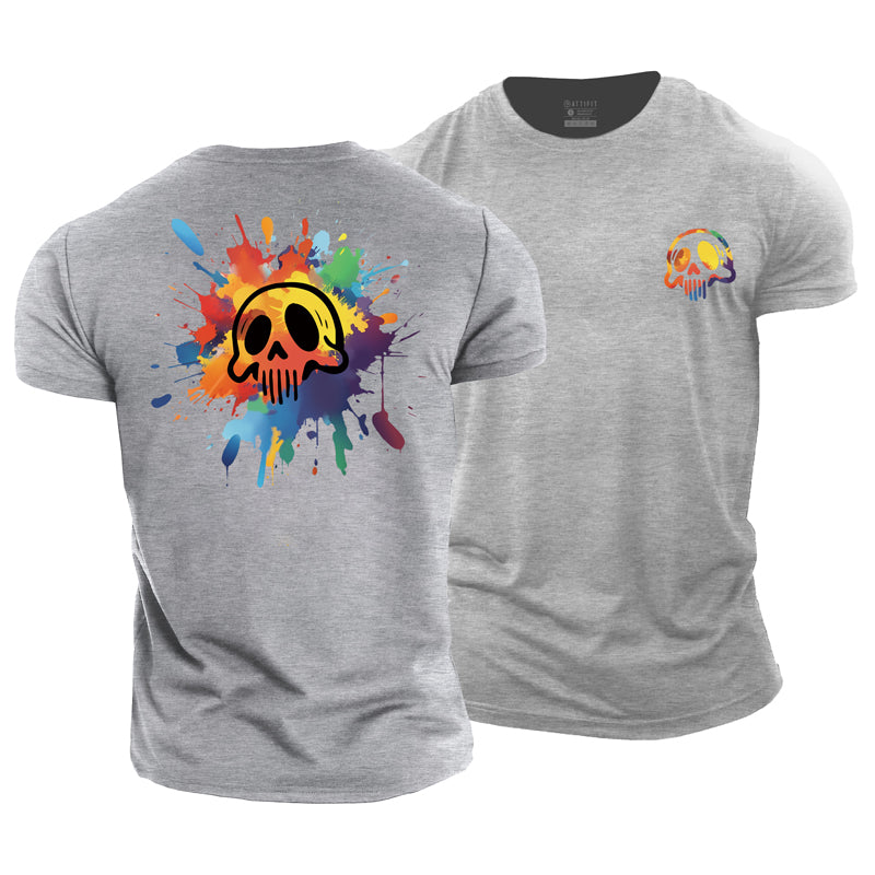 Cotton Watercolor Skull Graphic Men's T-shirts