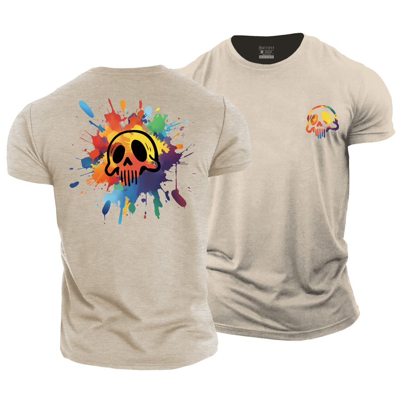 Cotton Watercolor Skull Graphic Men's T-shirts