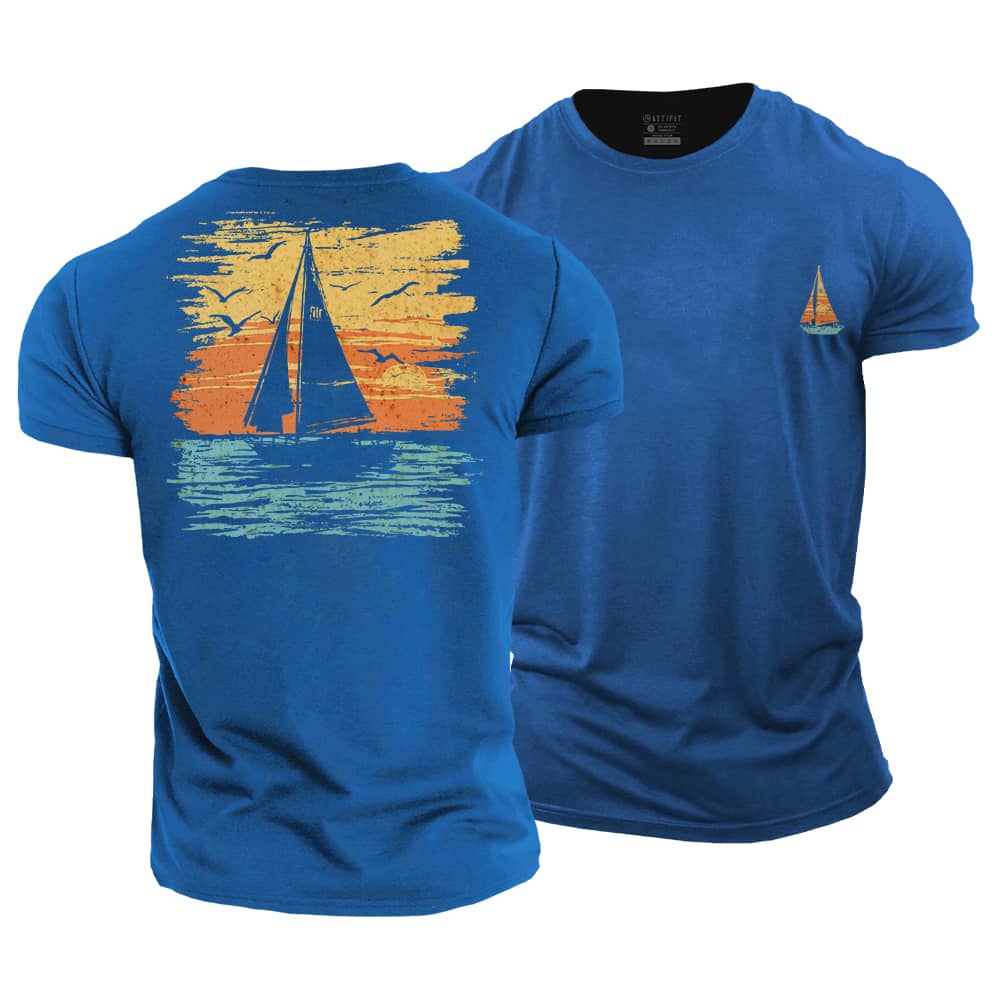 Sailing Boat Sunset Cotton T-Shirt