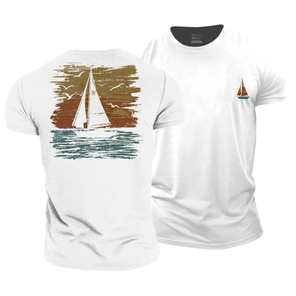 Sailing Boat Sunset Cotton T-Shirt