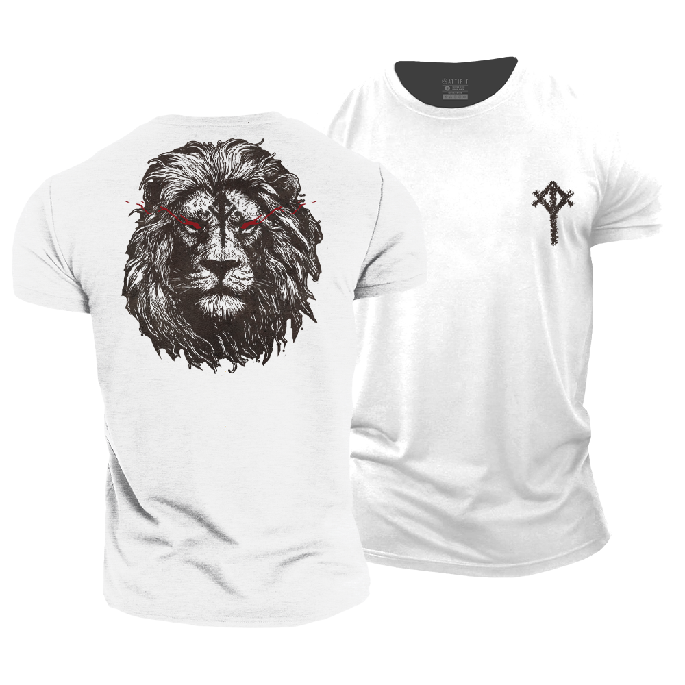 Lion Tiwaz and Algiz Rune Cotton T-Shirt