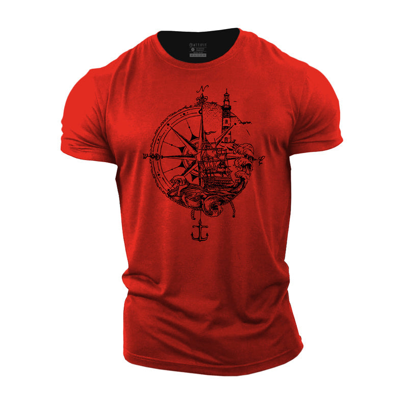 Cotton Compass Sailing Ship Graphic Men's T-shirts