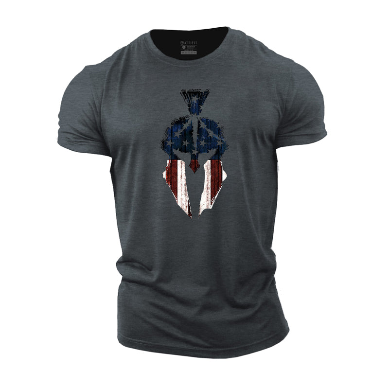Cotton Mens American Flag Spartan Graphic T-shirts