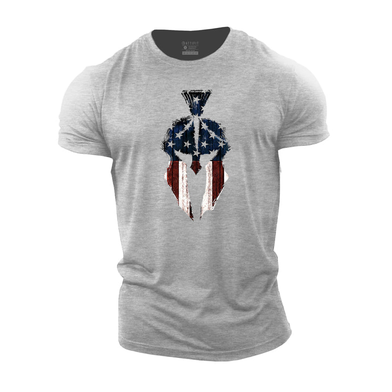 Cotton Mens American Flag Spartan Graphic T-shirts
