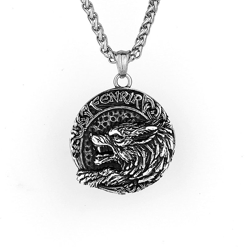 Halskette mit Wikinger-Wolf-Fenrir-Anhänger aus Titanstahl